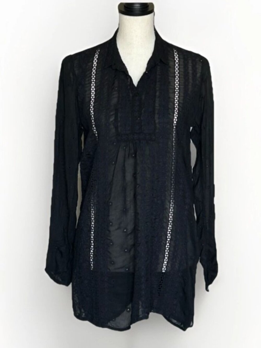 Johnny Was Tunic Top XS Relaxed Fit Sheer Black Eyelet Embroidered Boho Artsy